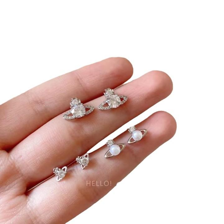 Queen Mother West Planet Zircon Pearl Stud Earrings Women'S Earrings Exquisite Earrings Light Luxury High-End Ear Jewelry