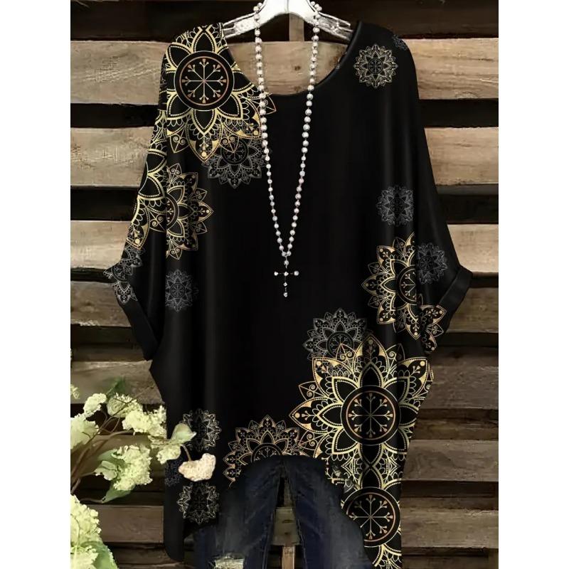 Camisetas Oversize Estilo Bohemio Chic Estampado Étnico Vintage Sencillo Dobladillo Irregular Cuello Redondo Top para Mujer Moda Versátil Ropa de Mujer