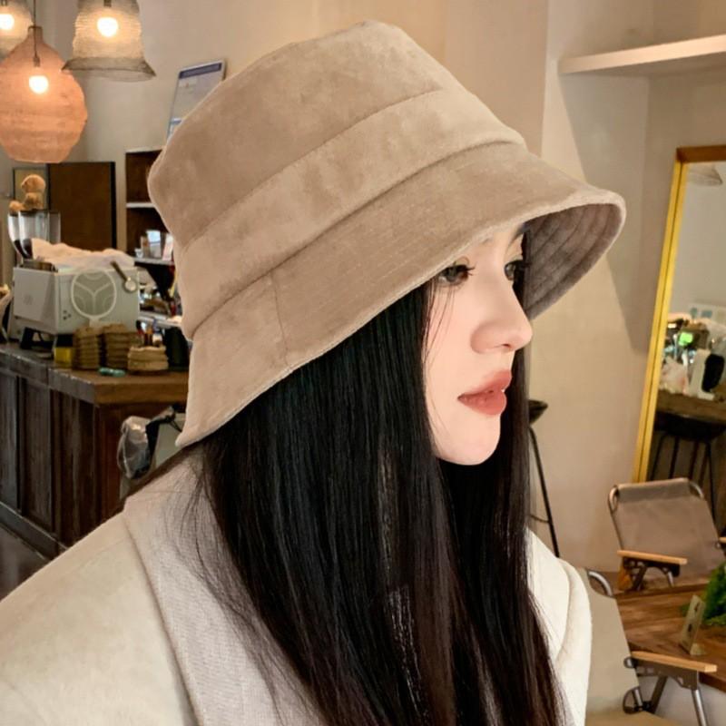 Womens Solid Color Short Brim Faux Suede Bucket Hat Winter Casual Chic Cap