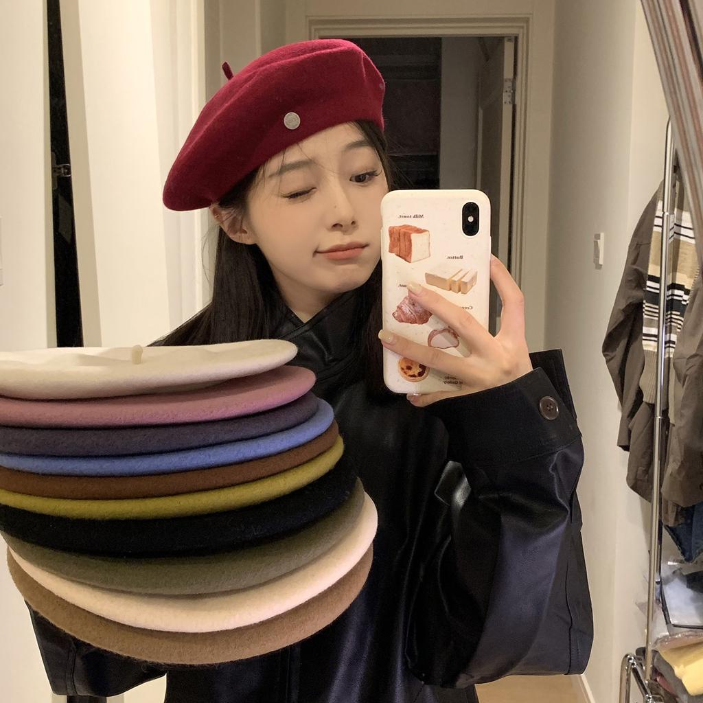 Autumn And Winter Metal Standard Wool Beret Female Korean Version Literary And Retro Painter Hat Showing Face Small Cloud Hat