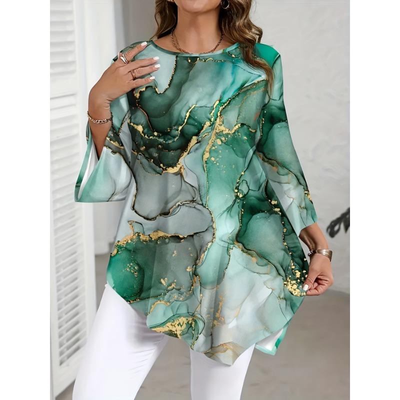 Elegantes Damen-Übergrößen-Oberteil mit Print, Rundhalsausschnitt und asymmetrischem Saum