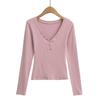 Spring and Autumn New Female European and American Style Spice Girls Solid Color Low Chest V-Neck Button Long Sleeve Bottom Shirt T-Shirt