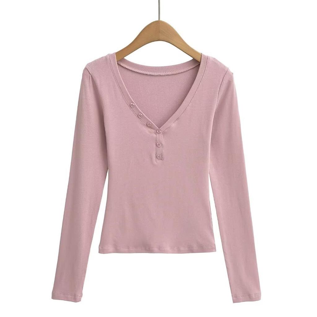 Spring and Autumn New Female European and American Style Spice Girls Solid Color Low Chest V-Neck Button Long Sleeve Bottom Shirt T-Shirt