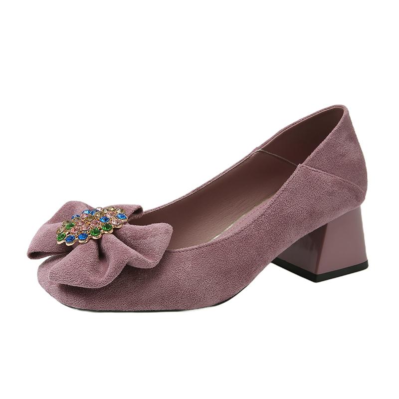 Sweet Single Shoes Summer New Square Head Shallow Mouth Crystal Buckle Butterfly Knot Anti-slip Wear-resistant Heel Shoes