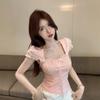 New Summer Bow Lace Edge Pink Sweet Spice Girl Short Bubble Sleeve Short Sleeve T-Shirt Top Women