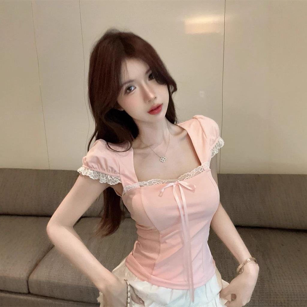 New Summer Bow Lace Edge Pink Sweet Spice Girl Short Bubble Sleeve Short Sleeve T-Shirt Top Women