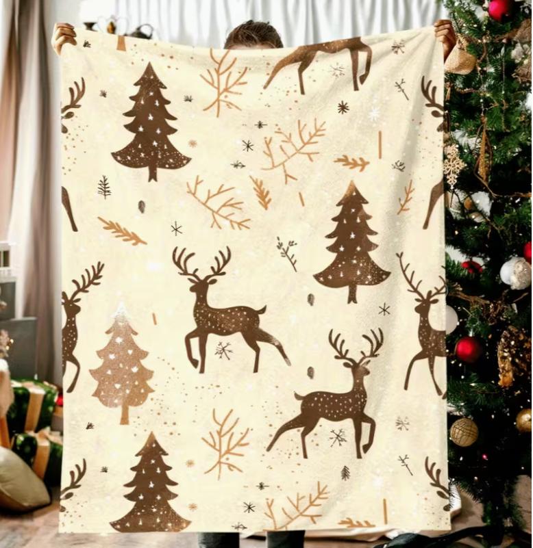 Christmas Elk and Trees Flannel Blanket - Modern Digital Print with Reindeer, Pine Tree & Snowflake Design for Home or Travel