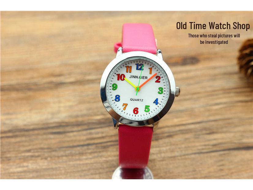 Popular Kids' Cartoon Quartz Watch with Colorful Numbers and Leather Strap for Elementary School Boys and Girls