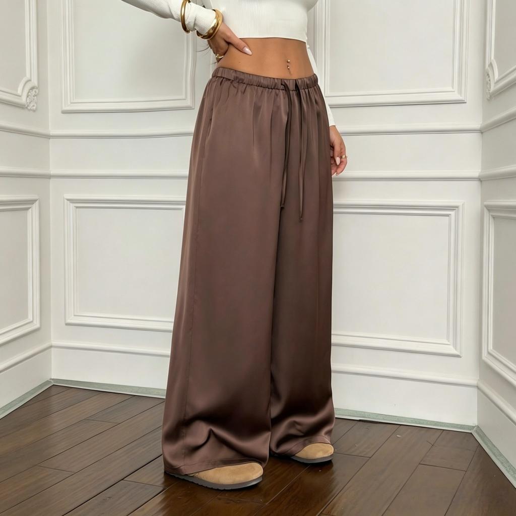 Women High Waist Loose Fit Wide Leg Pants Soft Flowing Fabric Relaxed Casual Trousers with Drawstring Waistband for Daily Wear