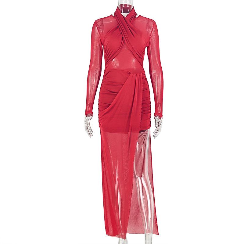 European and American Style Solid Color Women's Clothing Chest-wrapped Pleated Split Hip-wrapped Skirt Perspective Sexy High-necked Long-sleeved Dress