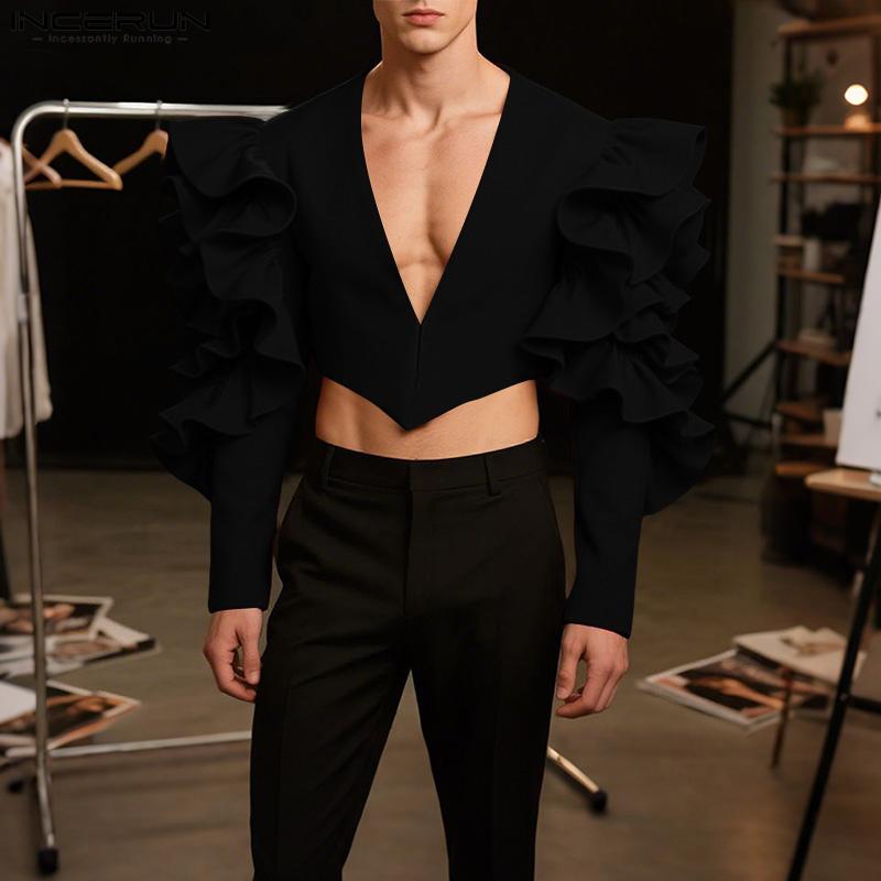 INCERUN Men V Neck Ruffled Long Sleeve Irregular Party Blazer Short Coats