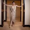 Premium neck evening dress new European and American v-neck sexy backless strap-up dress temperament long dress