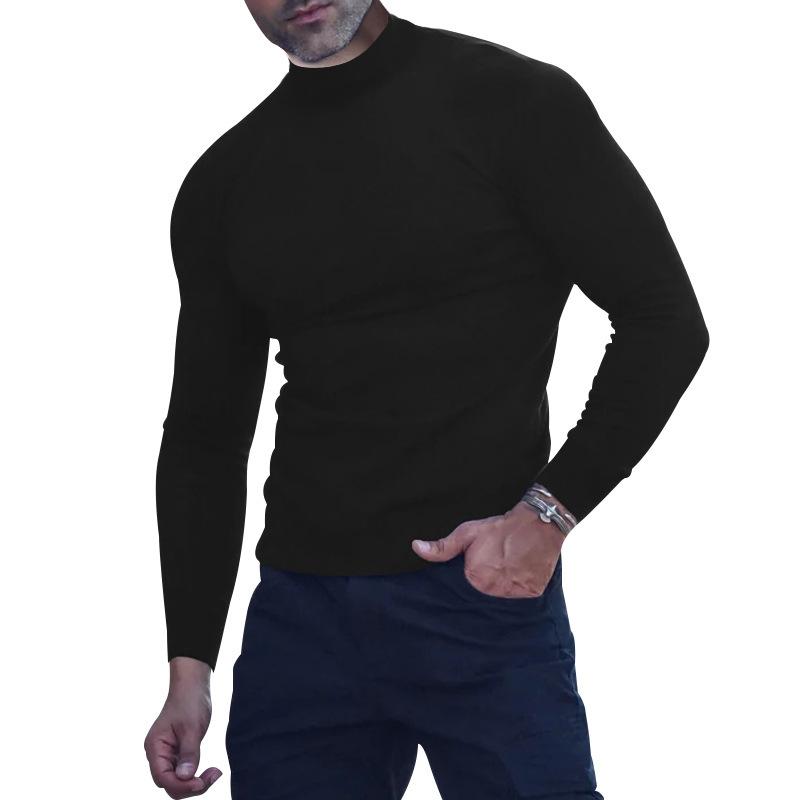 Men's Autumn/Winter Solid-Colour Long-Sleeved T-Shirt in Wool Blend Men's Base Layer Top with Close-Fitting Semi-Round Neck