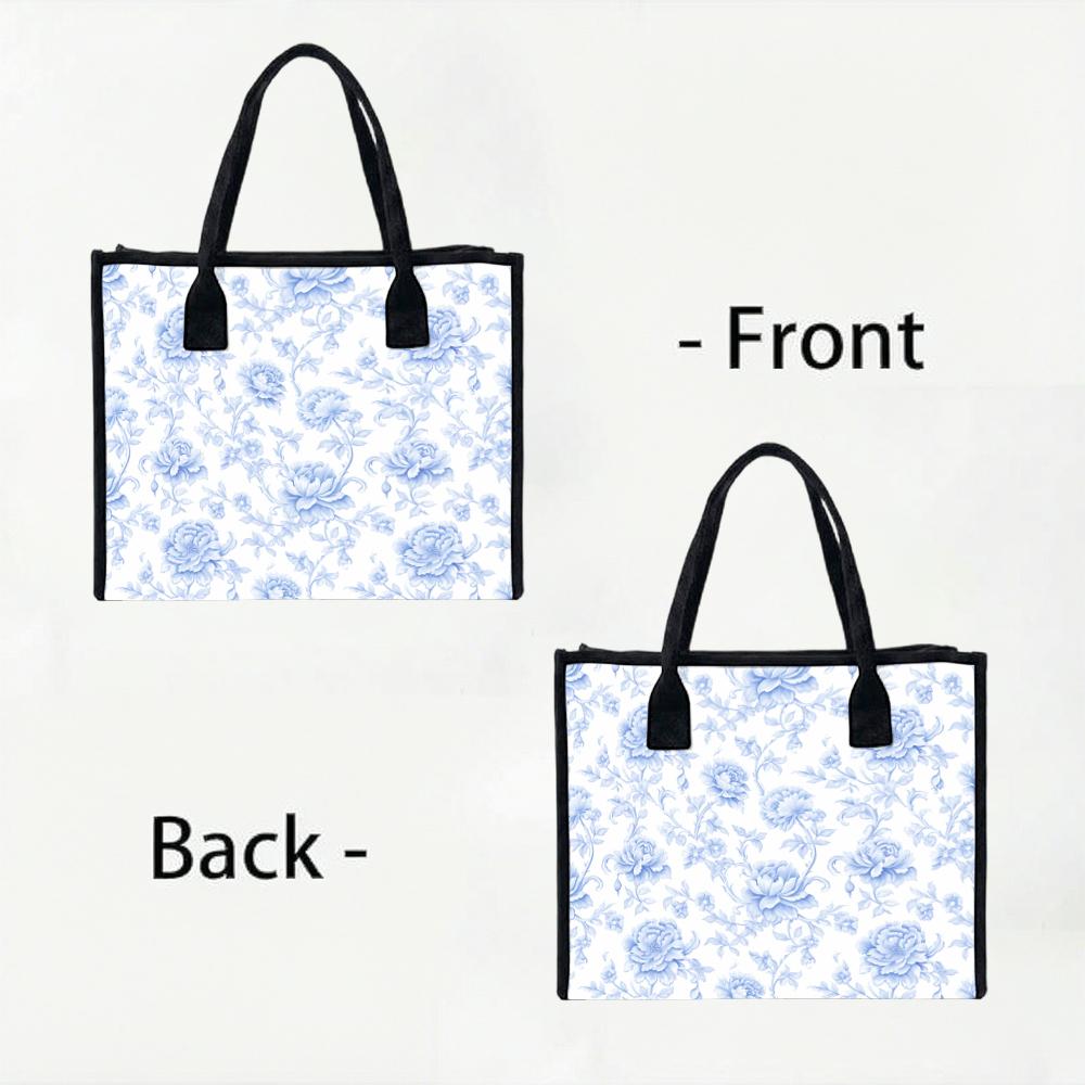 Elegant Blue Floral Pattern Tote Bag Casual Large Capacity Portable Shopping Handbag for Daily Use