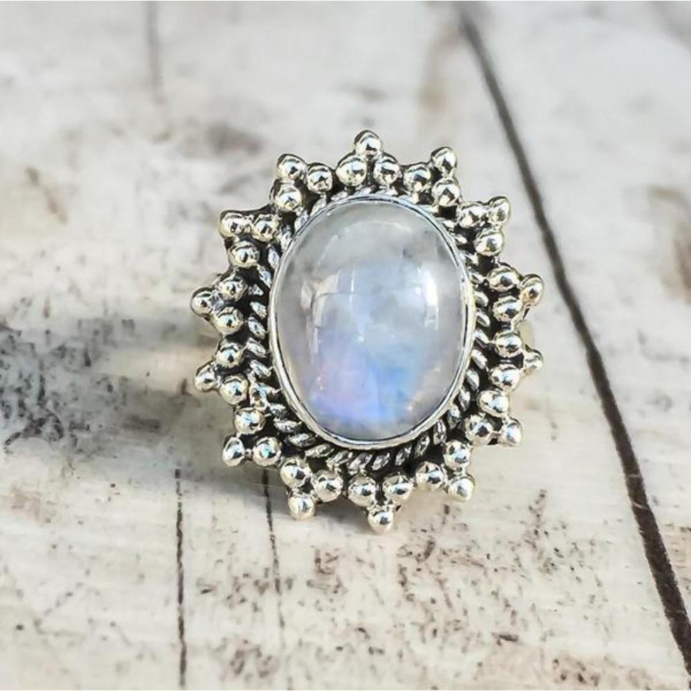 Elegant Moonstone Ring for Women Vintage Thai Silver Jewelry with Oversized Cabochon Stone Unique Gift