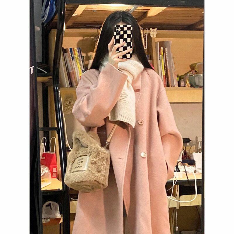

Women s Hepburn Style Double-Sided Wool Coat, Medium-Long & Thickened for 2025 Autumn/Winter. S рожевий