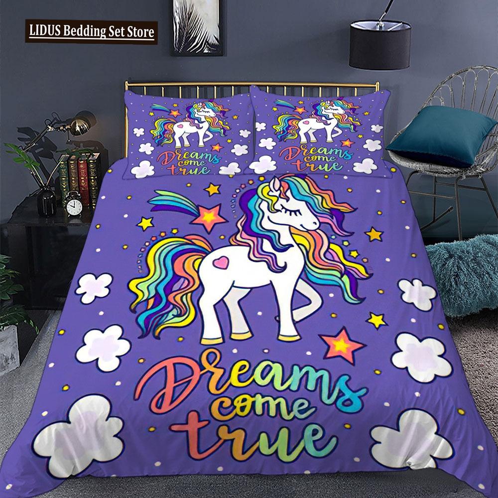 Zestaw poszwy na kołdrę Jednorożec Rozmiar King Queen Różowy Nadruk 3D Słodki Jednorożec Gwiazda Tęcza Chmura Dla Dzieci Dziewcząt Chłopców Poliestrowy Zestaw Pościeli
