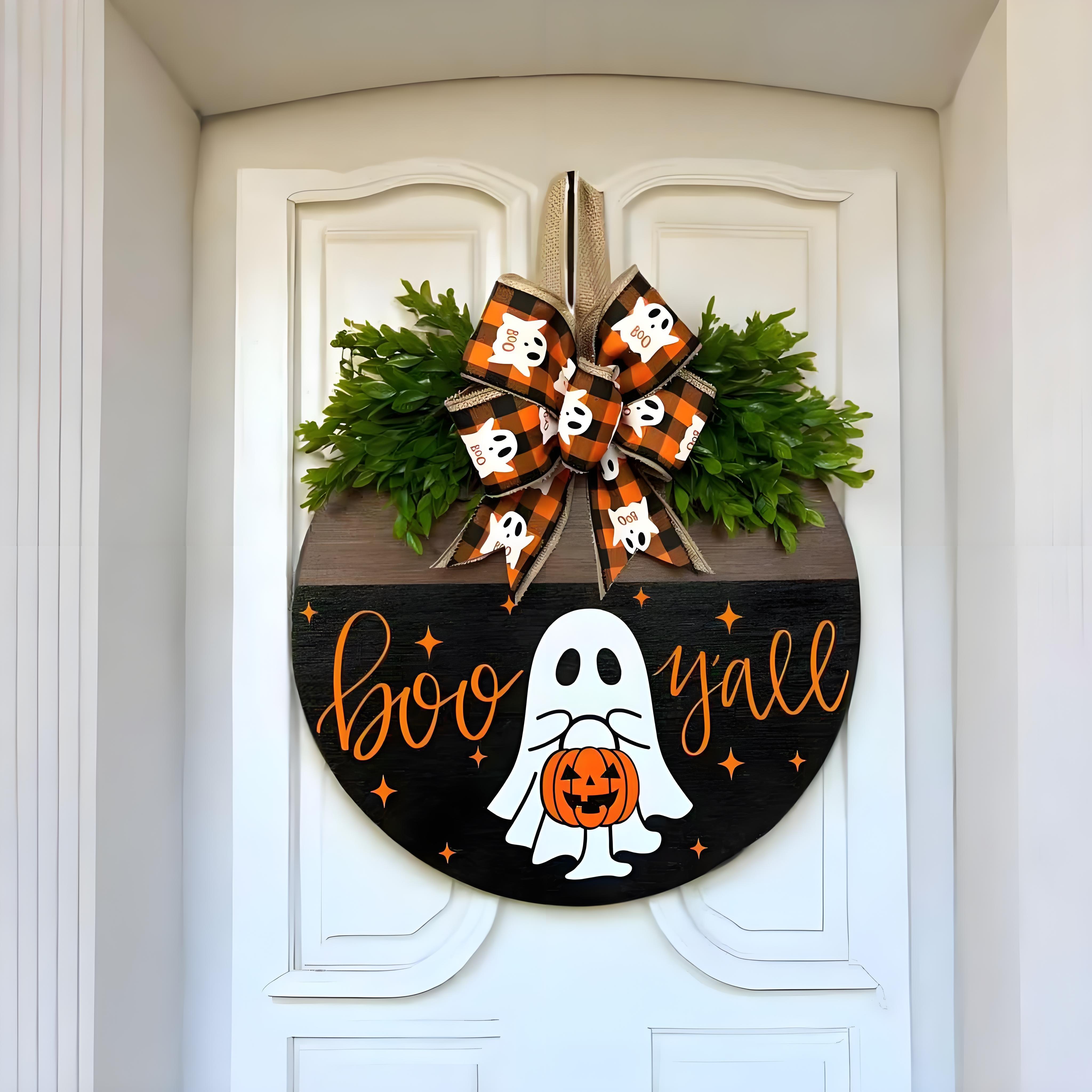 

Halloween Door Sign with Cute Ghost Design | Wooden Wreath with Bow for Porch Decor | Farmhouse Style Front Door Welcome Hanger