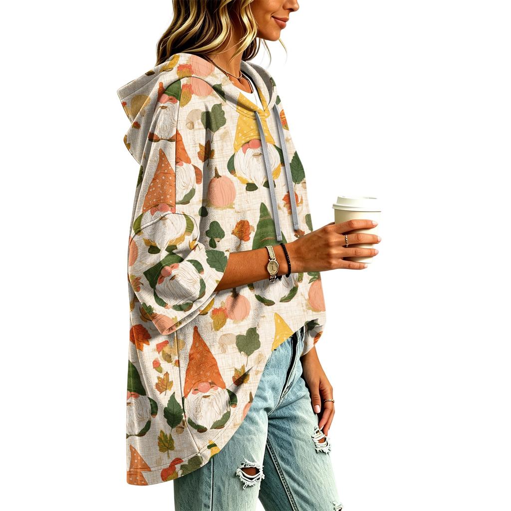 Women's Christmas Print Hooded Pullover Top with Three-Quarter Sleeves