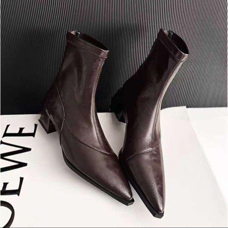 2025 AutumnWinter European American Style Pointed Toe Chunky Mid-Heel Ankle Boots - Stretch Low-Heel Skinny Women s Celebrity Boots 40 4149₽