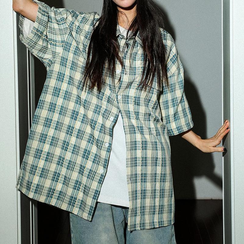 

Унисекс Рубашка с коротким рукавом на пуговицах в клетку в стиле ретро - Повседневный свободный крой для пар M зелёный