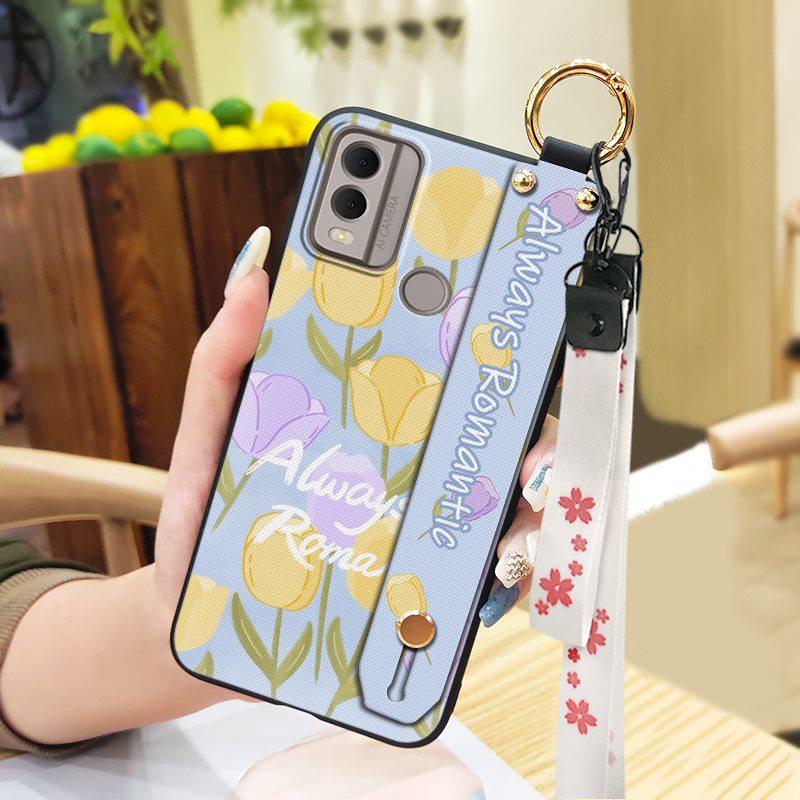 Soft Case Flower Phone Case For Nokia C22 Wristband Durable Ring Waterproof Lanyard Oil Painting Back Cover Silicone