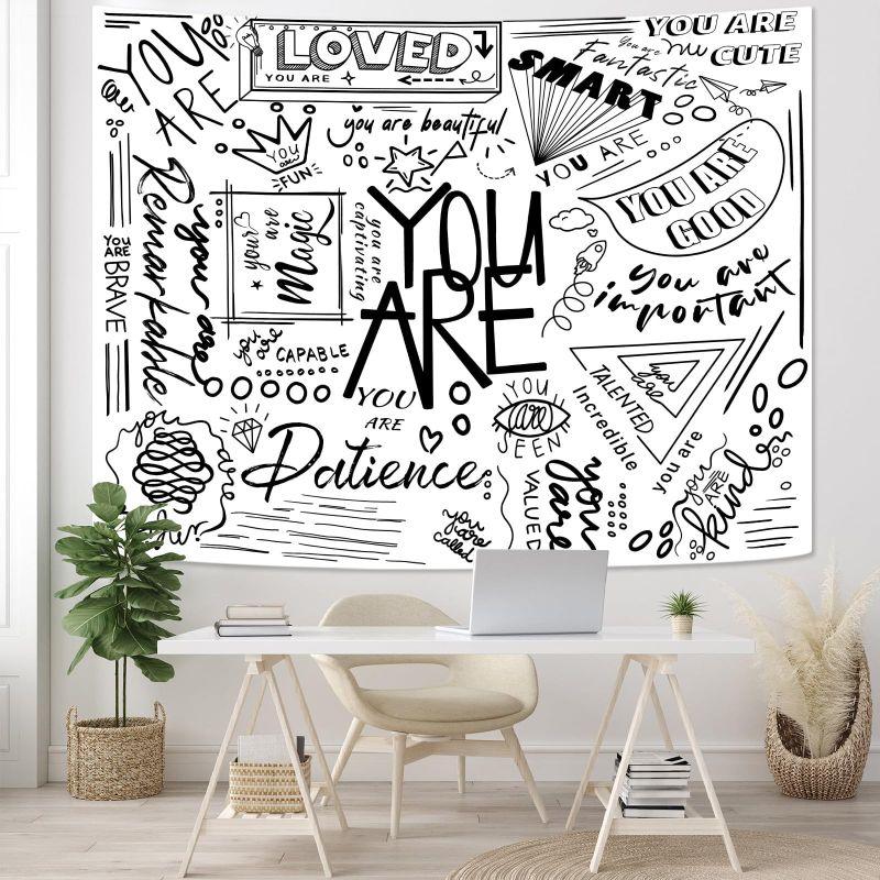 Positive Energy Graffiti Tapestry, Black White Wall Hanging, Motivational Wall Decor for Bedroom Dorm, Street Style