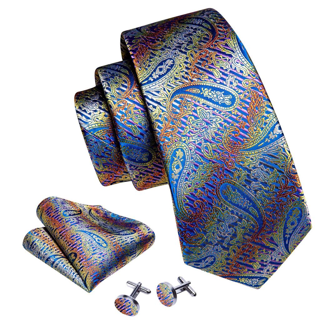 Barry.Wang Necktie Hankerchief Cufflinks Set Black Green Striped Jacquard Woven Wedding