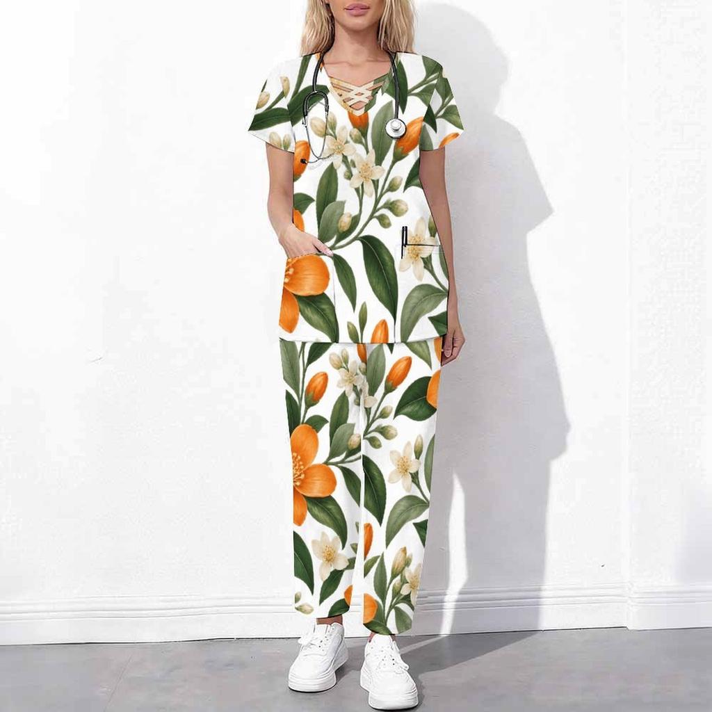Women Plus Size White Floral Printed Scrub Set Cutout Neck Short Sleeve Pocket Top Long Pants Two Piece