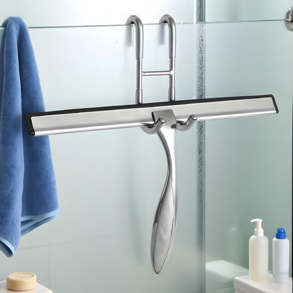 1set Stainless Steel Shower Squeegee with Silicone Blade &Ergonomic Handle - Rust-Resistant Bathroom, Kitchen, Car Glass Cleaner-Includes Hooks Holder