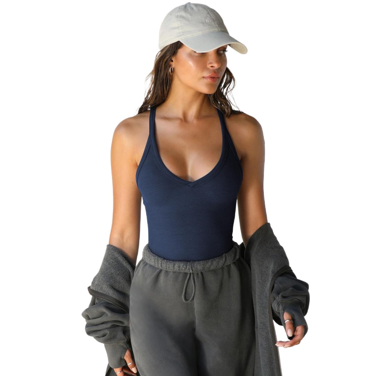 

Жіночі тренувальні топи Racerback Basic Tank Summer 2024 Камзол з v-подібним вирізом Slim Fit без рукавів у рубчик L