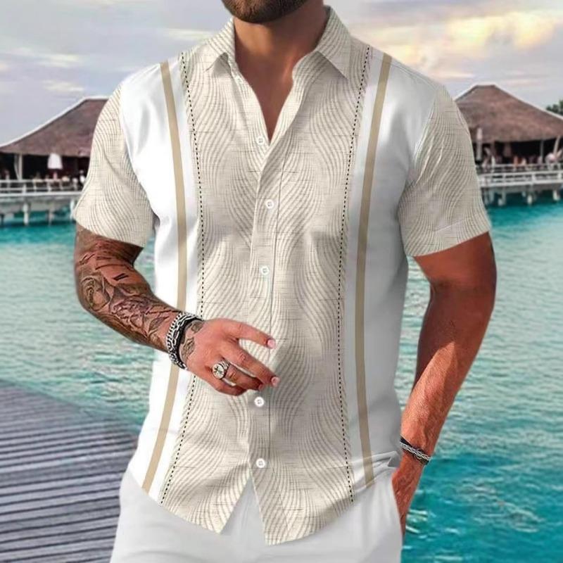 Men Striped Short Sleeve Shirt With Contrast Panels And Turn-down Collar M абрикосовый