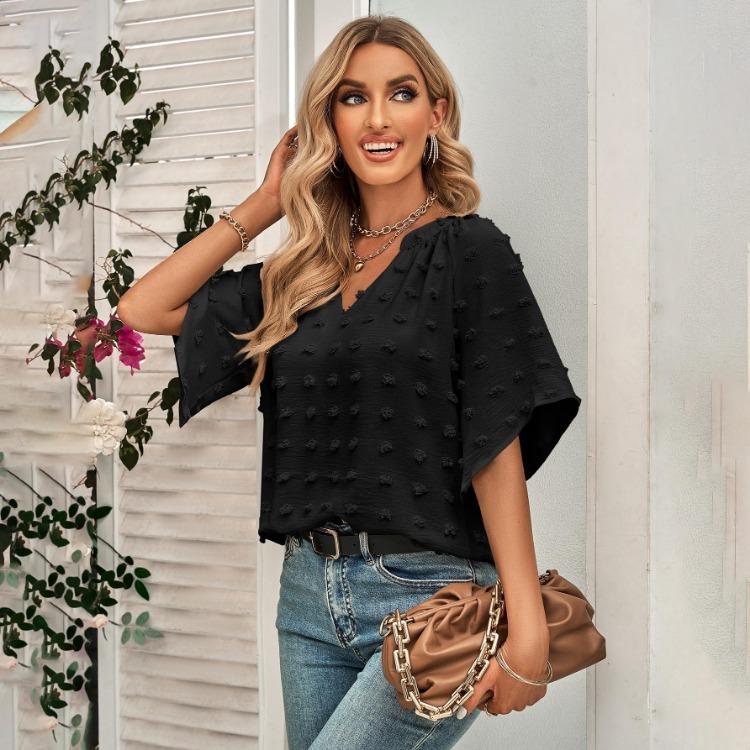 Top Pullover Casual da Donna a Manica Corta con Scollo a V e Vestibilità Ampia, Blusa Monocromatica, Camicia a Mezza Manica, Primavera Estate S-XL