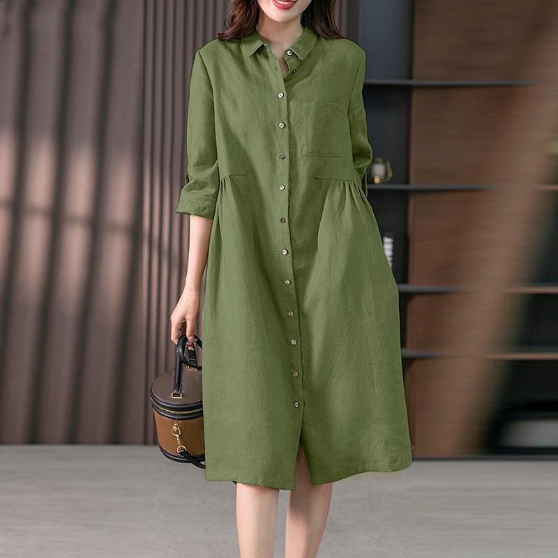 

Весна/Лето 2023 Женское Свободное Хлопково-Льняное Платье-Рубашка Миди с Рукавами Семь Восьмых S темно-зеленого
