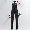 Porno Sexy Lingerie Exclusive Stripe Halter Sleeveless Sheer Mesh Jumpsuit 2Pc Erotic Set Metal Fastener Thong Backless Bodysuit