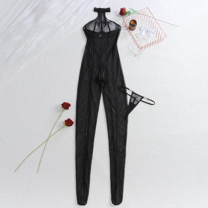Porno Sexy Lingerie Exclusive Stripe Halter Sleeveless Sheer Mesh Jumpsuit 2Pc Erotic Set Metal Fastener Thong Backless Bodysuit