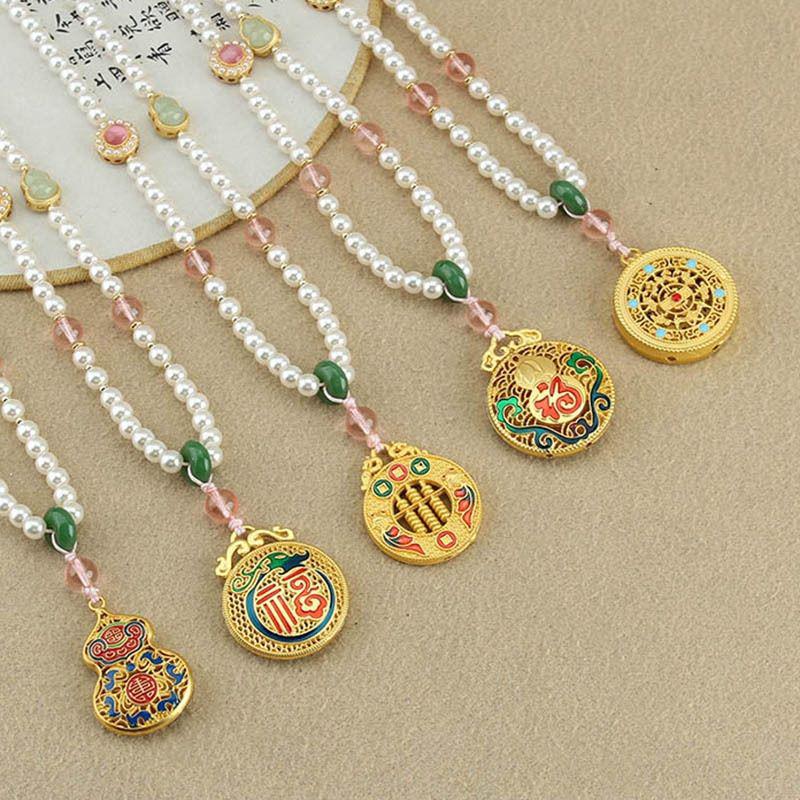 Retro Five Blessings Imitation Pearl Necklace with Cloisonné Pendant - Chinese Style Long Beaded Accessory