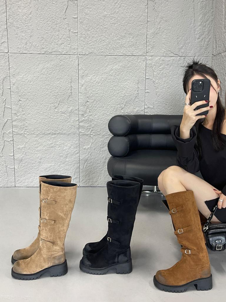 Vintage Western Boots European Station Long Boots Rubber Sole Round Head Tall Tube 2025 Autumn and Winter Suede Leather Knight Boots