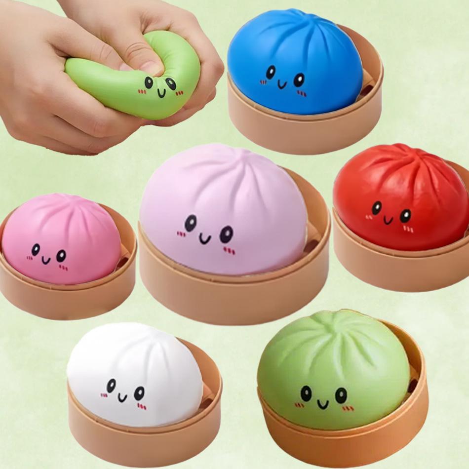*Large Dumpling Stress Ball with Steamer Colorful Squishy Bun Sensory Toy for Anxiety Relief, Squeeze Dough Ball for Adults&Kids