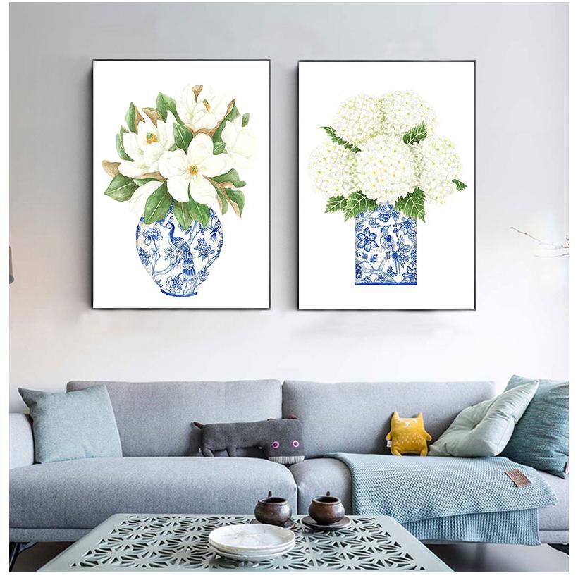 Stampe di Ortensia Magnolia Cinese Blu e Bianca Arte Chinoiserie Pittura su Tela Arte da Parete da Galleria Immagine Poster Decorazione Murale di Tendenza