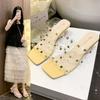 Fashion Transparent Band High Heel Slippers Women 2025 New Rivet Design Square Toe Slides Female Summer Fashion Thick Sole Sandal Mujer