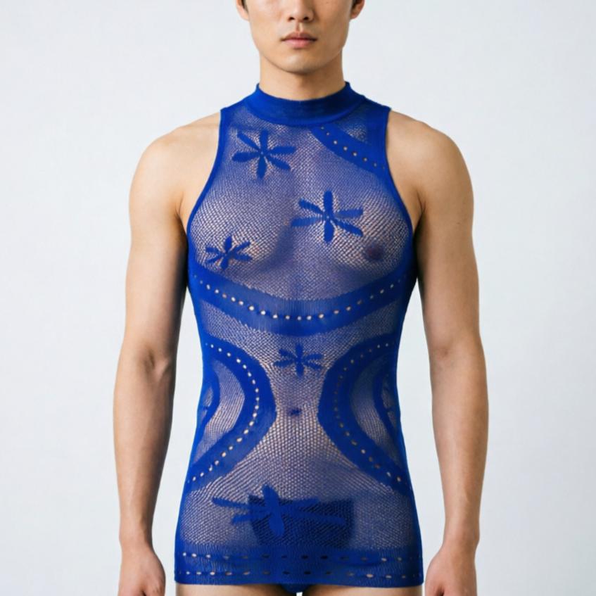 Biancheria Intima Uomo Europea Lingerie Sexy Maschile Top Rete Vuoti Colore Nero Blu Camicia da Notte Sexy Uomo Lingerie Uomo