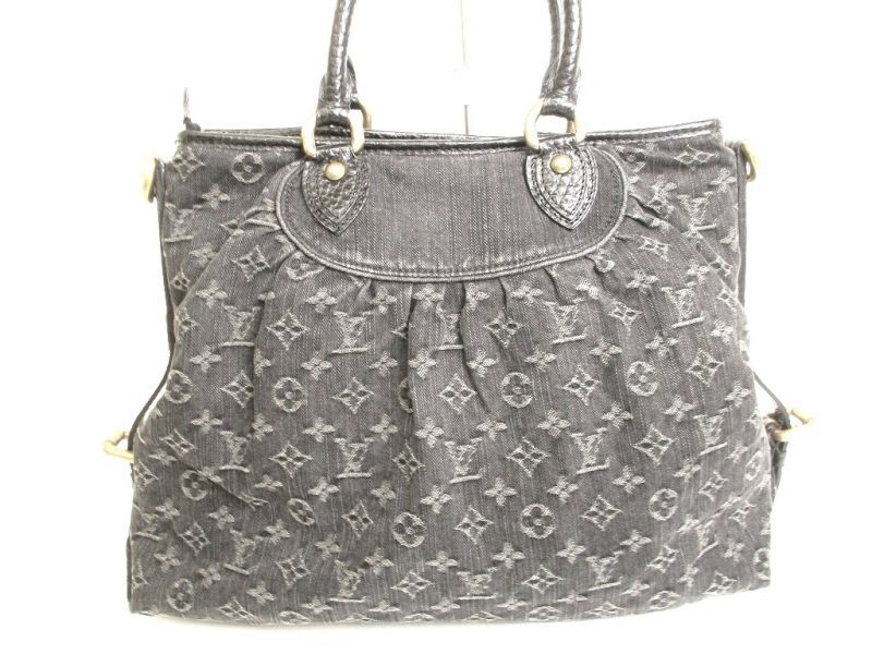 Autentisk LOUIS VUITTON Monogram Svart Denim Håndveske med Stropp Neo Cabby GM #9734 Oppusset