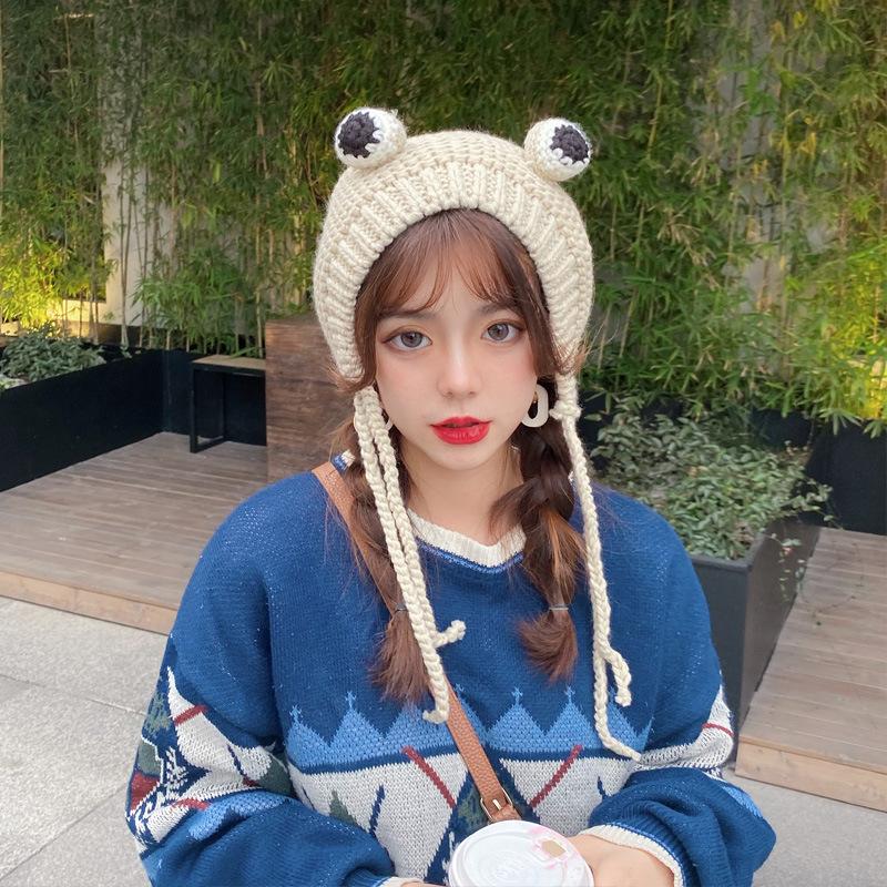 Frog knitted wool hat women's autumn and winter cute headgear knitted headgear green hat tide earmuffs keep warm