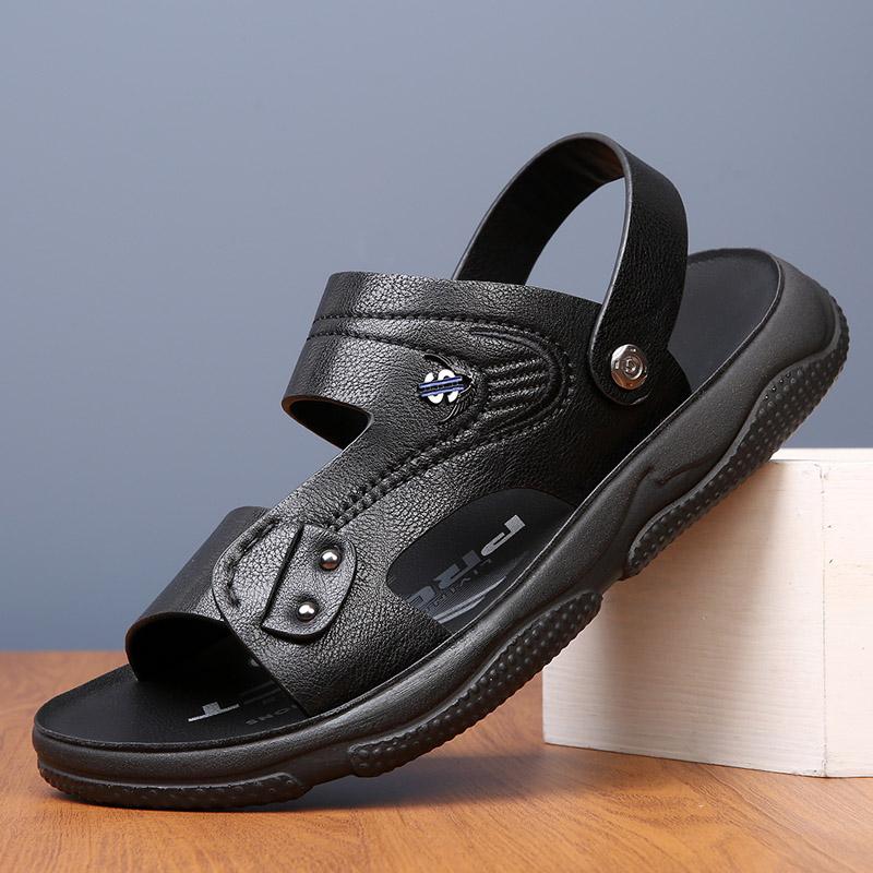 

Летние сандалии высокого качества Мужские новые летние пляжные туфли двойного назначения Нескользящие кожаные шлепанцы Уличные водонепроницаемые пляжные туфли 44 чёрный