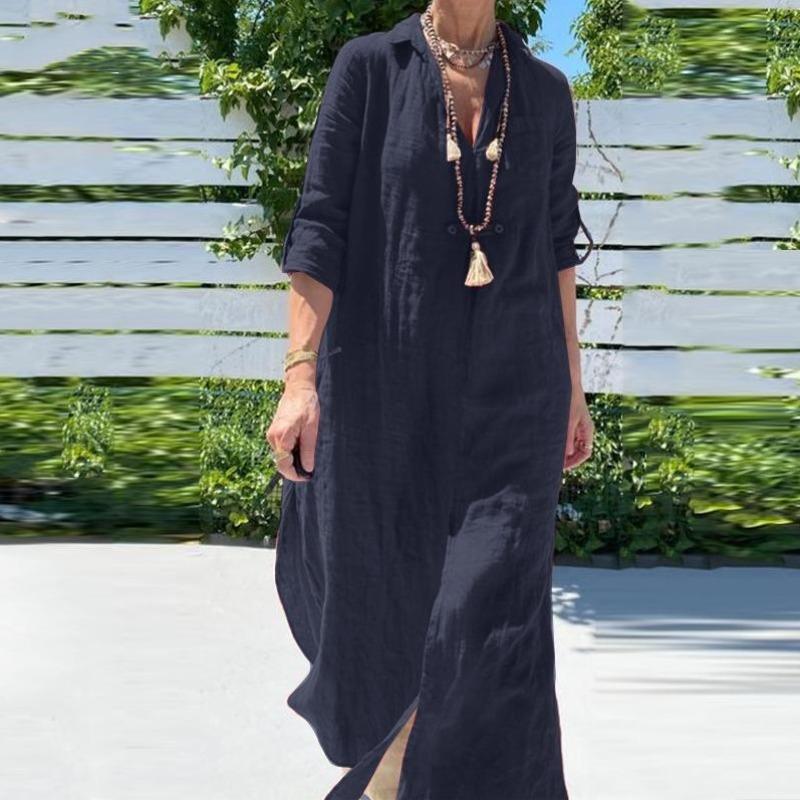 

Женское платье больших размеров, летнее, с V-образным вырезом и длинными рукавами, пляжное платье-рубашка, повседневное, свободное, хлопковое платье-жилет 5XL темно-синий