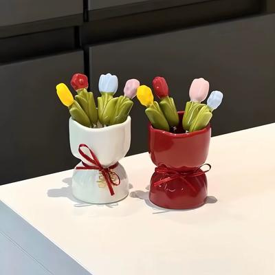 Tulip Shape Fruit Forks Set Ins Style Ceramic Jar Stainless Steel Fork Household Decorative Dessert Forks with Storage Jar