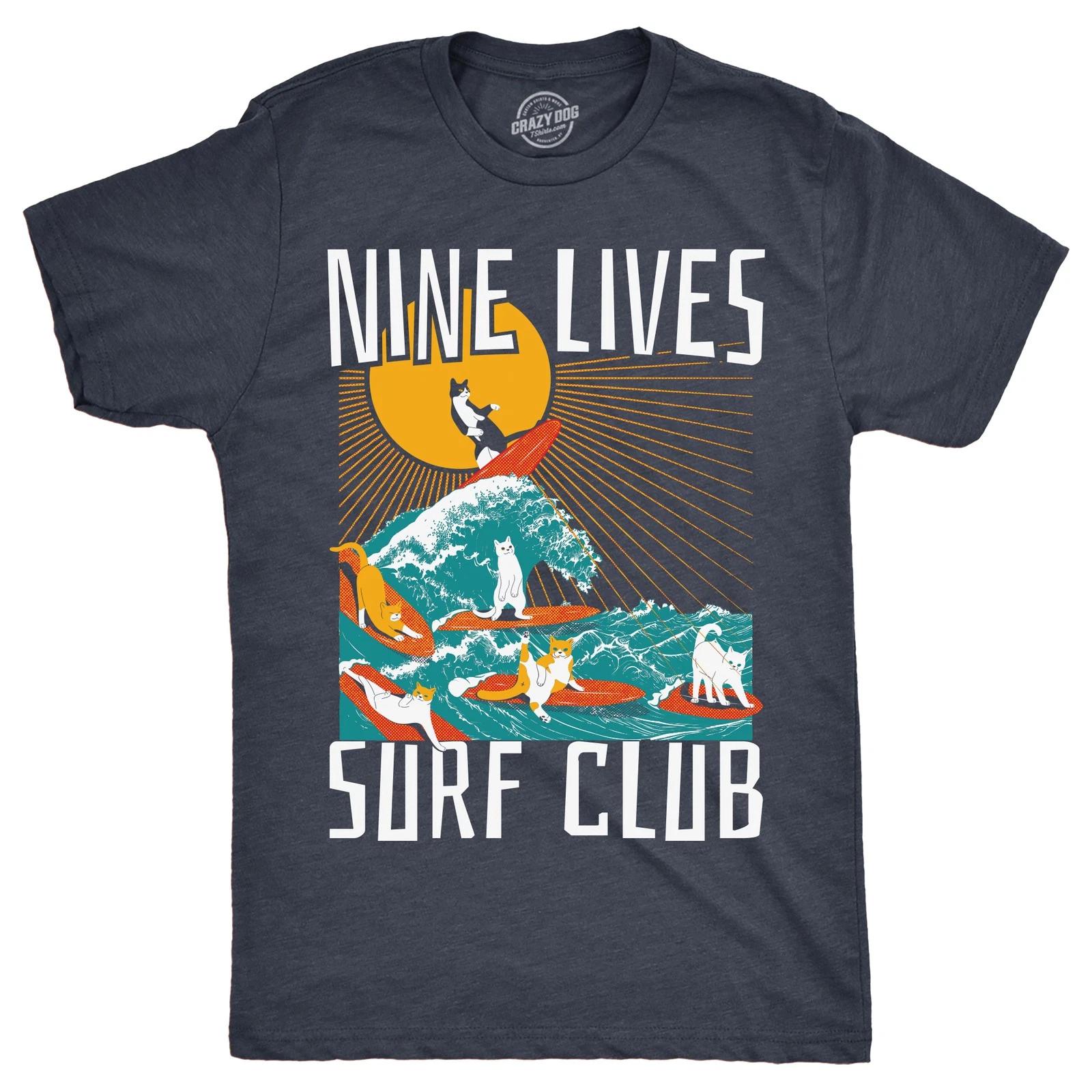 Mens Nine Lives Surf Club Funny T Shirt Cat Graphic Tee for Men XXL