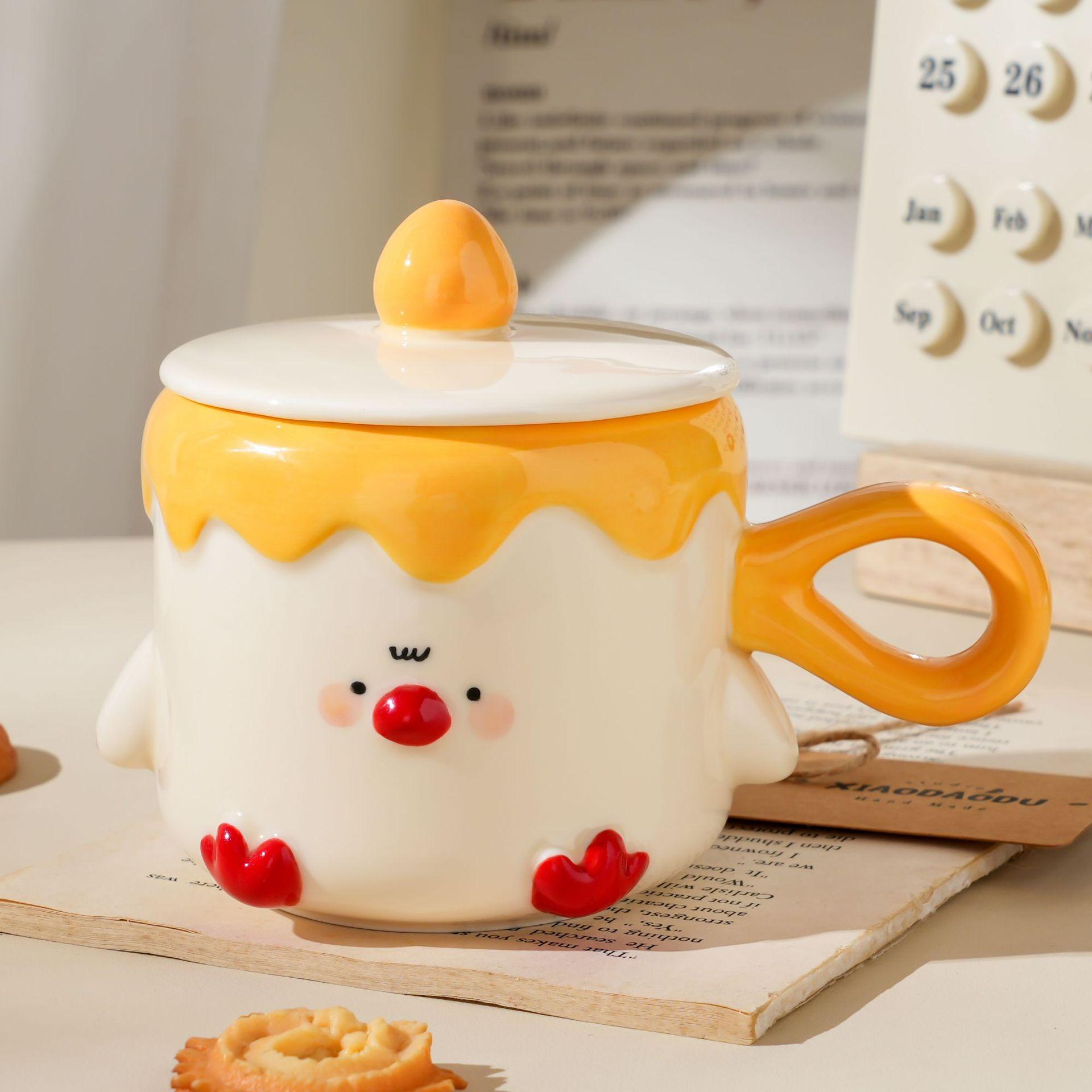 

Сувенирная кружка для питьевой воды для домашнего использования, милая кружка в виде цыпленка с крышкой, керамическая кружка для воды, подарок на день рождения 301-400ml