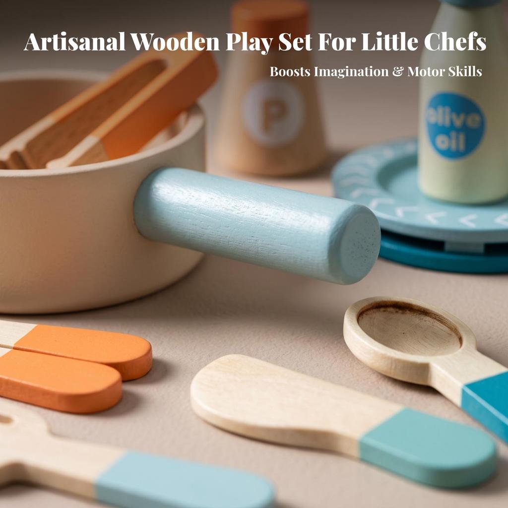 Wooden Cooking Toy Set Toddler with Pots and Pans Preschool